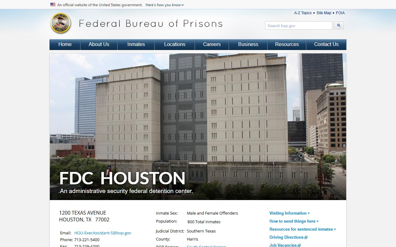 Federal Detention Center Houston BOP inmate locator source page
