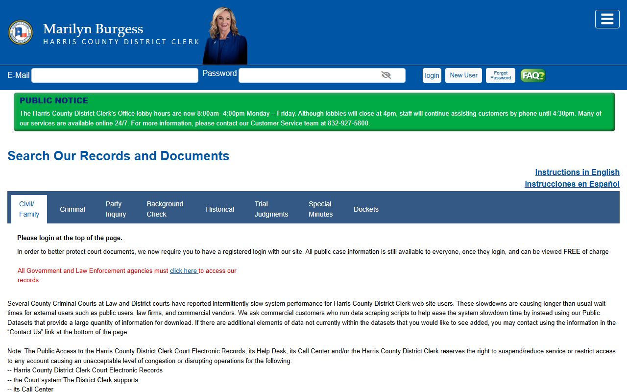 Harris County court records after jail arrest District Clerk login search page