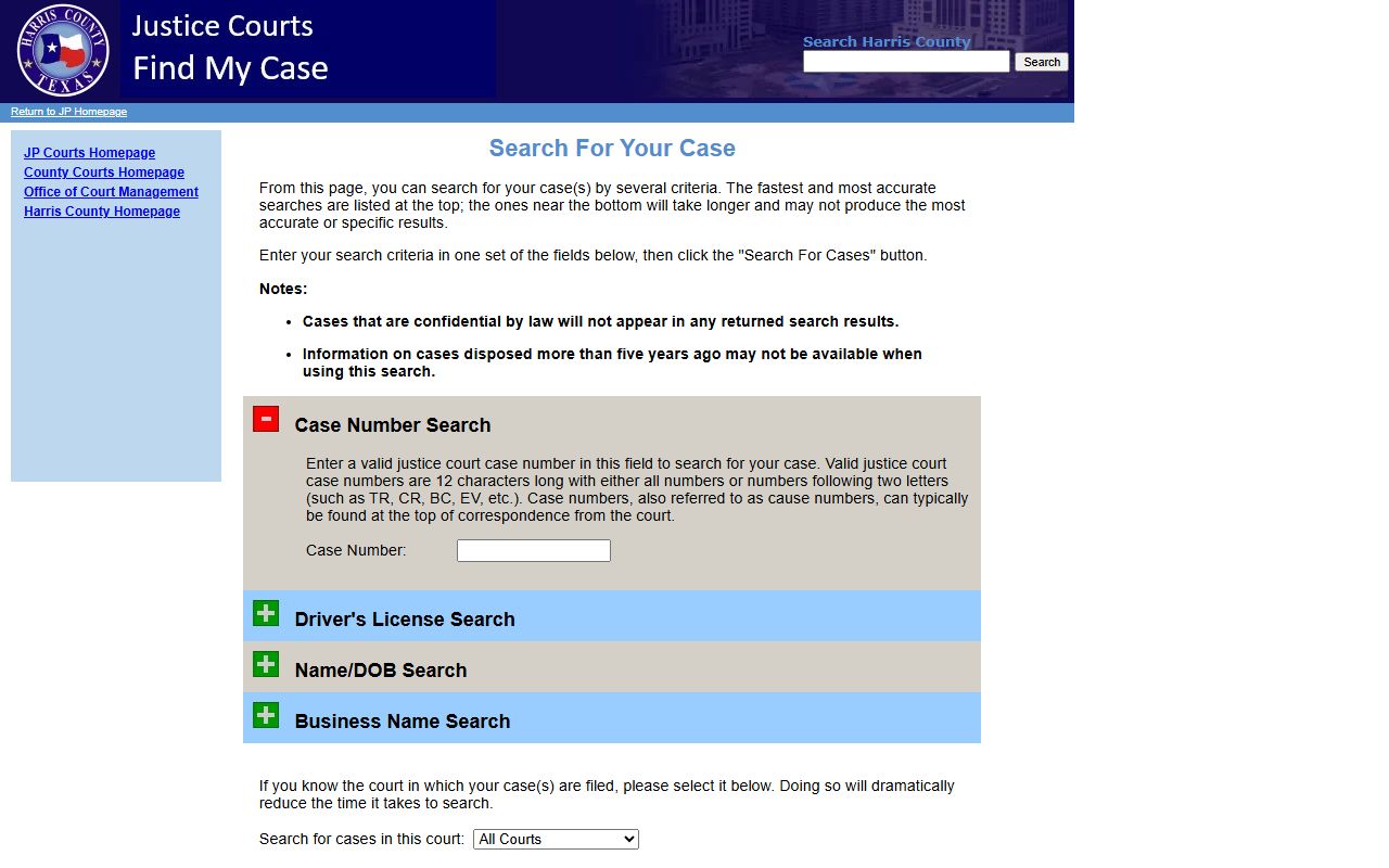 Harris County court records after arrest JP Find My Case search page