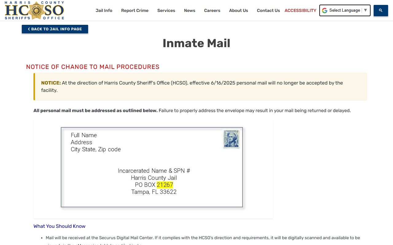 Harris County inmate mail rules and jail record instructions