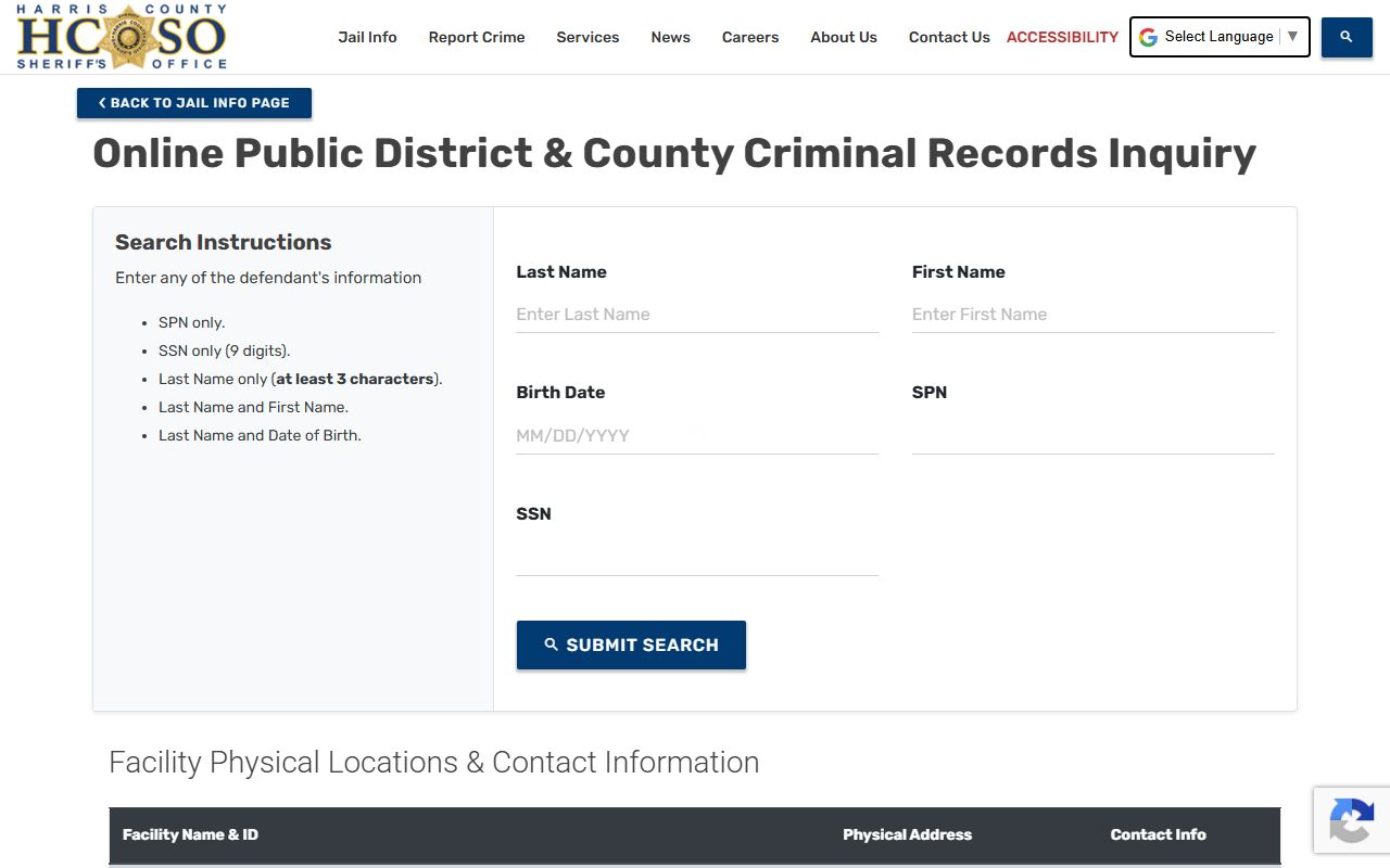 Harris County inmate records search form on the HCSO Find Someone in Jail page