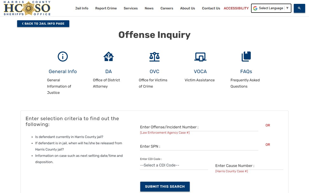 Harris County inmate records Offense Inquiry search fields