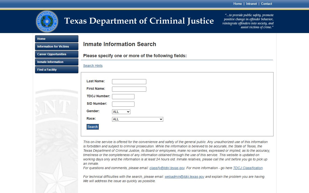 Texas TDCJ inmate search for Harris County sentenced inmate records