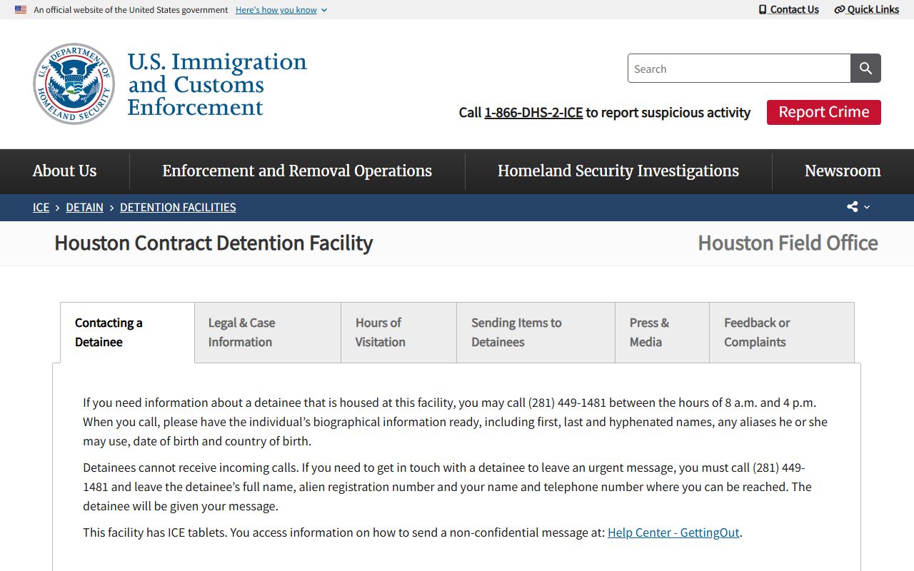 Houston Contract Detention Facility ICE ODLS detainee search source page