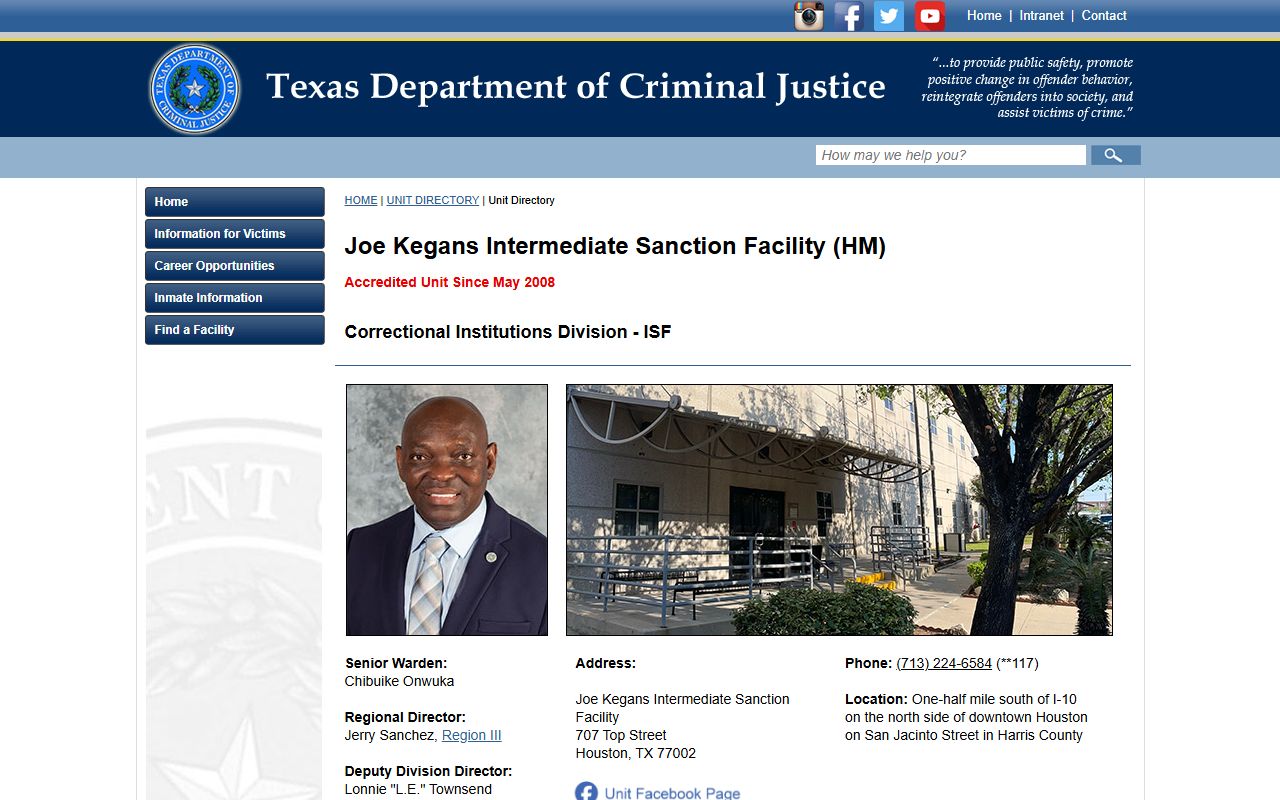 Joe Kegans Intermediate Sanction Facility TDCJ inmate lookup source page