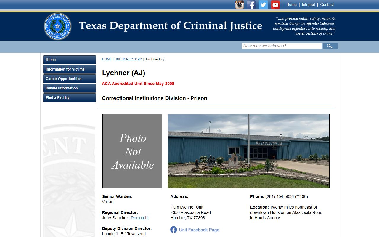 Pam Lychner Unit TDCJ custody search source page